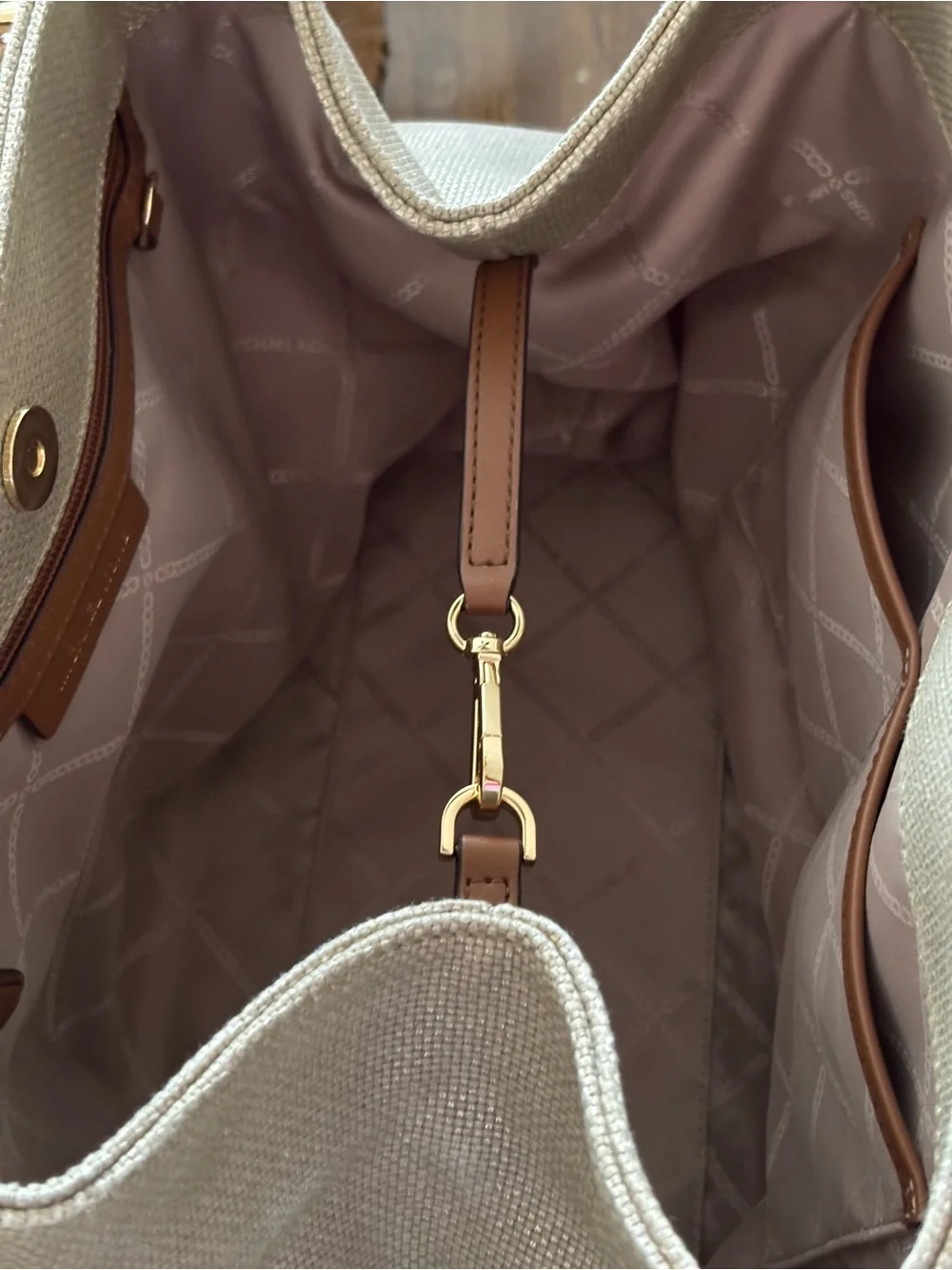 Michael Kors Beige Canvas Shoulder Bag with Brown Trim and Rope Handles